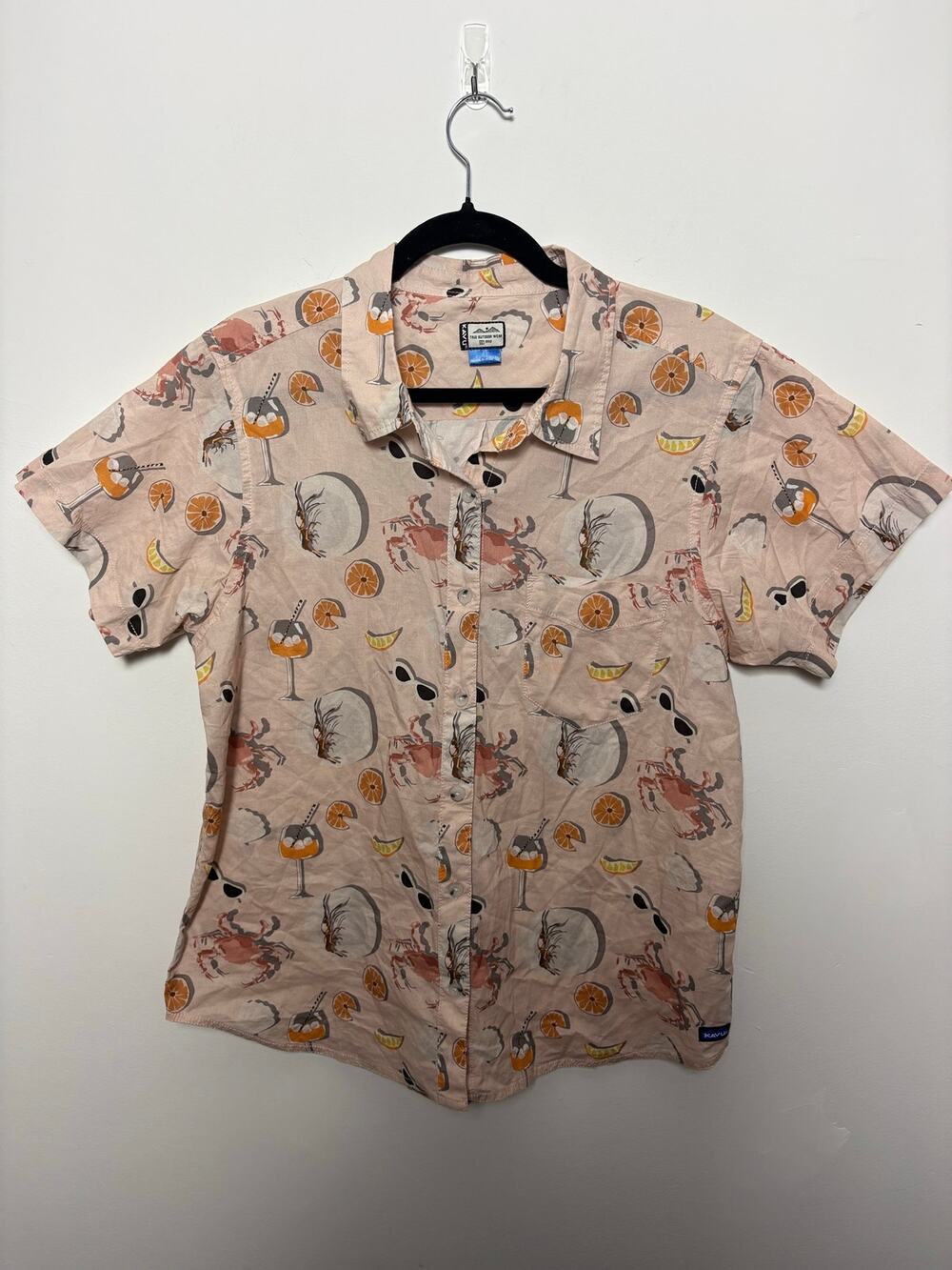 KAVU Girl Party Crabs & Cocktails Button-Up Shirt Size L Beach Camp Hawaiian
